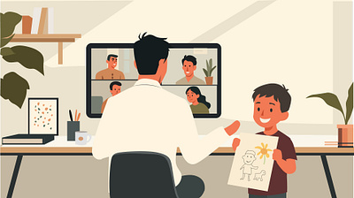 Remote work illustration 2d business family flat illustration job meeting remote work