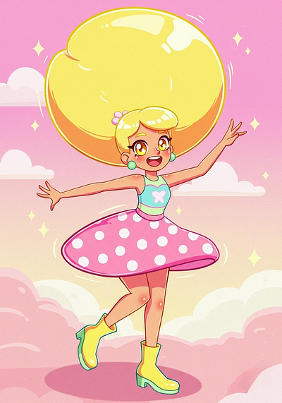 A smiling cartoon girl with huge blonde hair