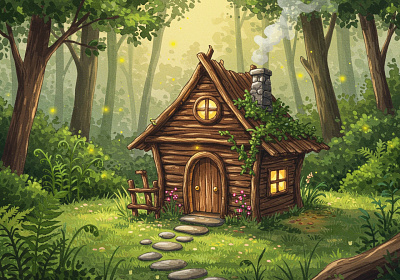 A whimsical illustrated rustic wooden cabin.