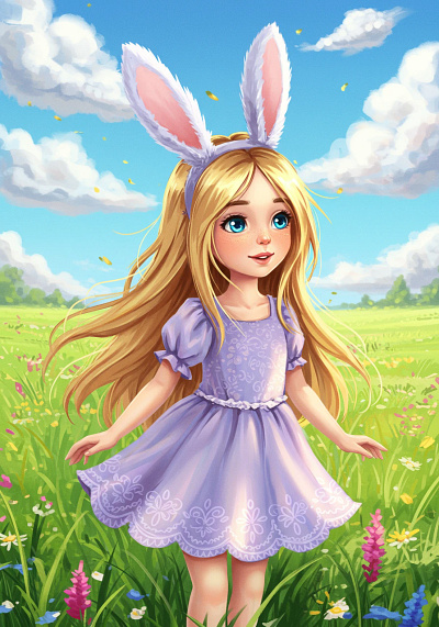 A smiling cartoon girl stands in a vibrant field.