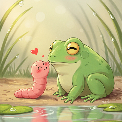 A cute cartoon frog and a pink worm with hearts above them.