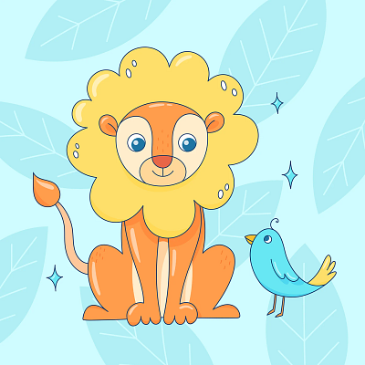 Children's Cartoon Illustration. Kids Lion Doodle Character