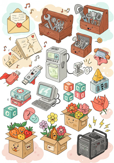 A cartoon-style collection of various objects.