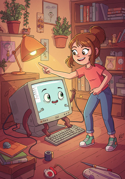 A smiling cartoon looks at computer screen in a cozy room.
