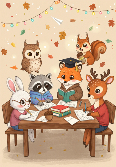 Whimsical illustration of cute cartoon animals studying.