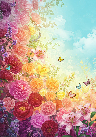 A vibrant and colorful illustration of various flowers.
