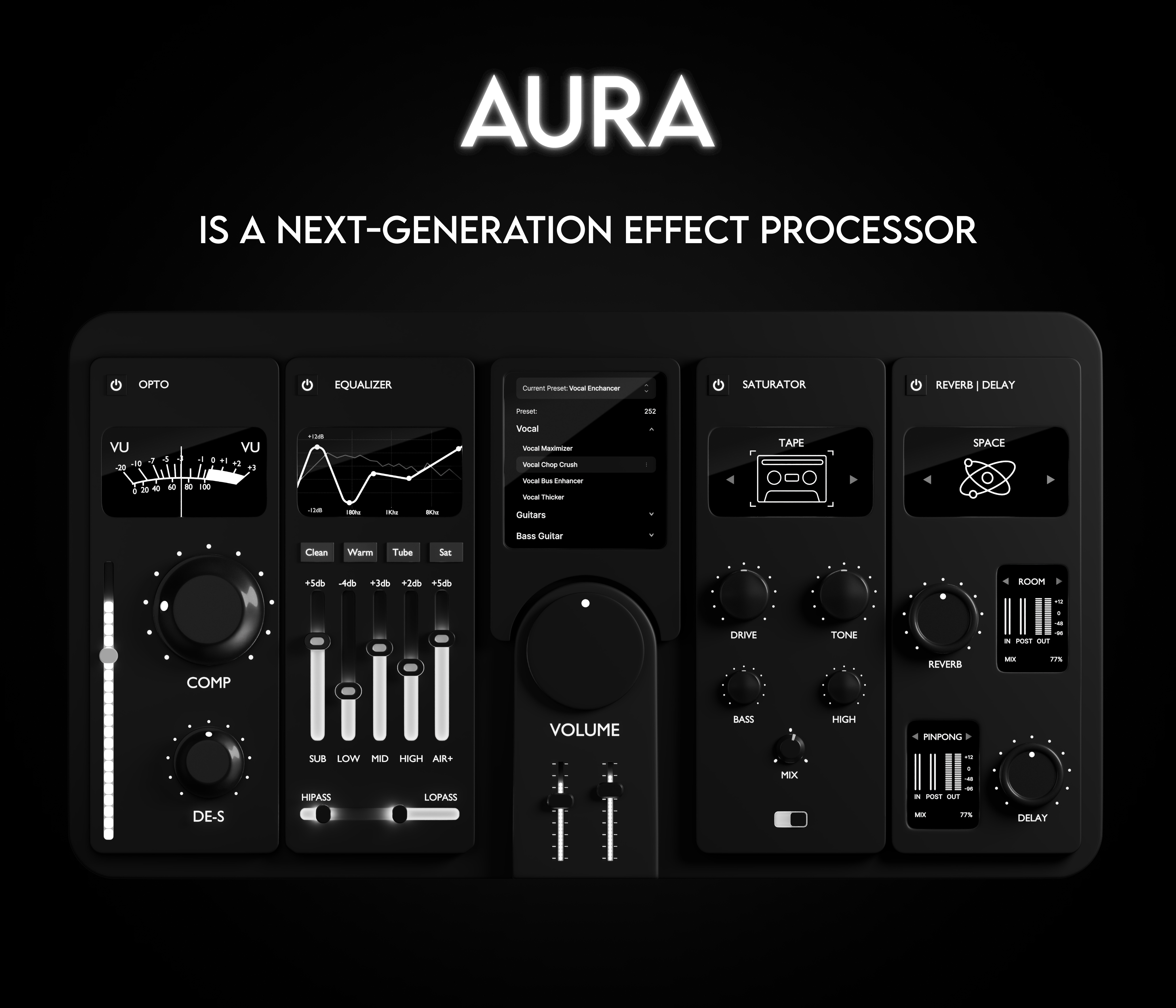 AURA - NEXT GEN AUDIO PROCESSOR 3d 3d modeling au plugin audio plugon audio tech branding design graphic design gui design illustration music tech musicproduction ui vst vst plugin