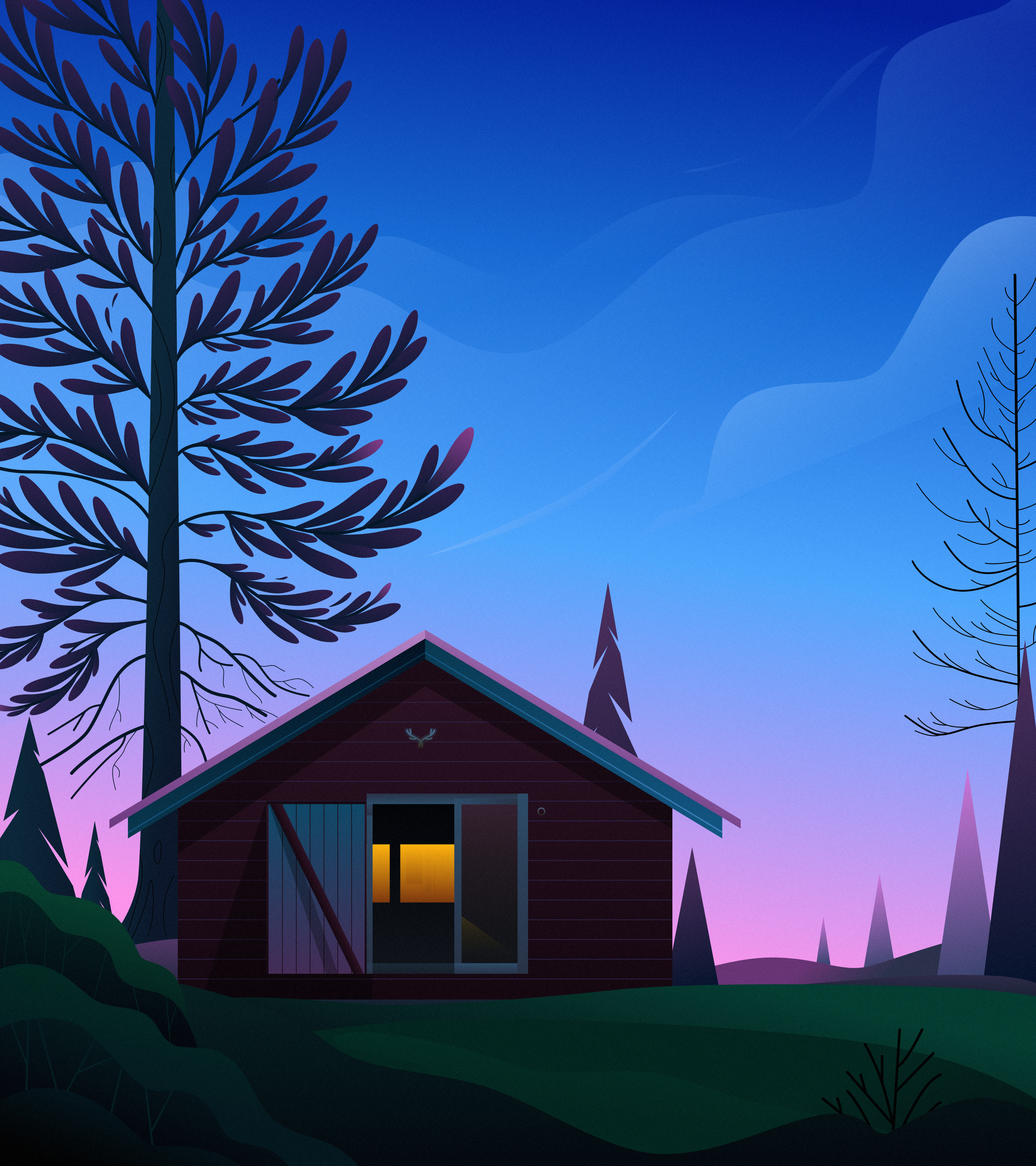Emotional art illustration blue cloud design digital art digital illustration forest house illustration landscape mountain natural natural scenery outdoor painting pink sky tree vector vector illustration