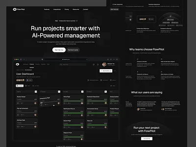 Flow Pilot - AI Project Management Landing Page ai clean dark design kanban board landing page minimalist project management saas startup tech ui ux web design