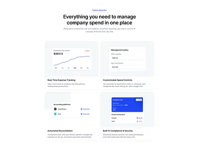 Company Spend Management Platform: Finance Feature Overview bento bento ilustration bento saas web design bento web design illustration bento webdesign chart dashboard expense finance fintech product design saas saas landing page saas web design spending ui component ui illustration uiux web design