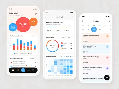 Social Planner - Analytics & Scheduling analytics bar chart clean content creator dashboard engagement insight minimalist mobile reach social media ui design ux design widget