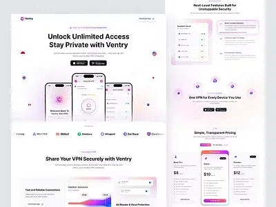 Ventry - VPN App Landing Page branding dashboard design graphic design illustration logo ui ux web design website