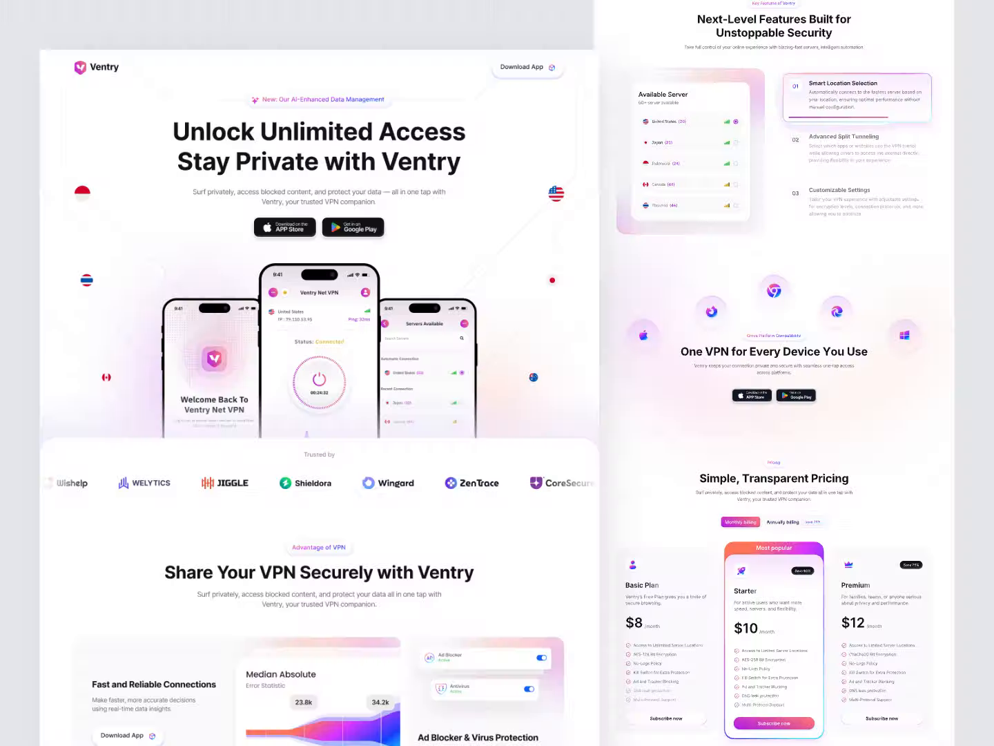 Example of Ventry - VPN App Landing Page