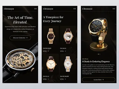 Chronosyn — Luxury Watch Website (Mobile Concept) branding business website company profile design e commerce homepage interaction design luxury watch mobile design mobile version typography ui uidesign uiux ux uxdesign watch watch website webdesign website