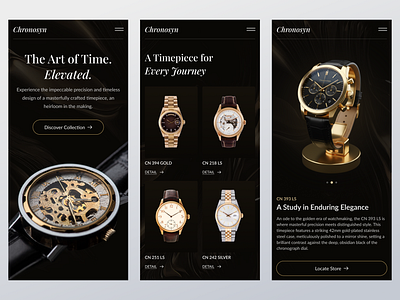 Chronosyn — Luxury Watch Website (Mobile Concept) branding business website company profile design e commerce homepage interaction design luxury watch mobile design mobile version typography ui uidesign uiux ux uxdesign watch watch website webdesign website