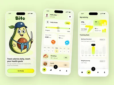 AI Calorie Tracker App UI Design app design avocado character calorie app daily goals dashboard design fitness app health tracker minimal mobile app nutrition tracker ui design ux workout app