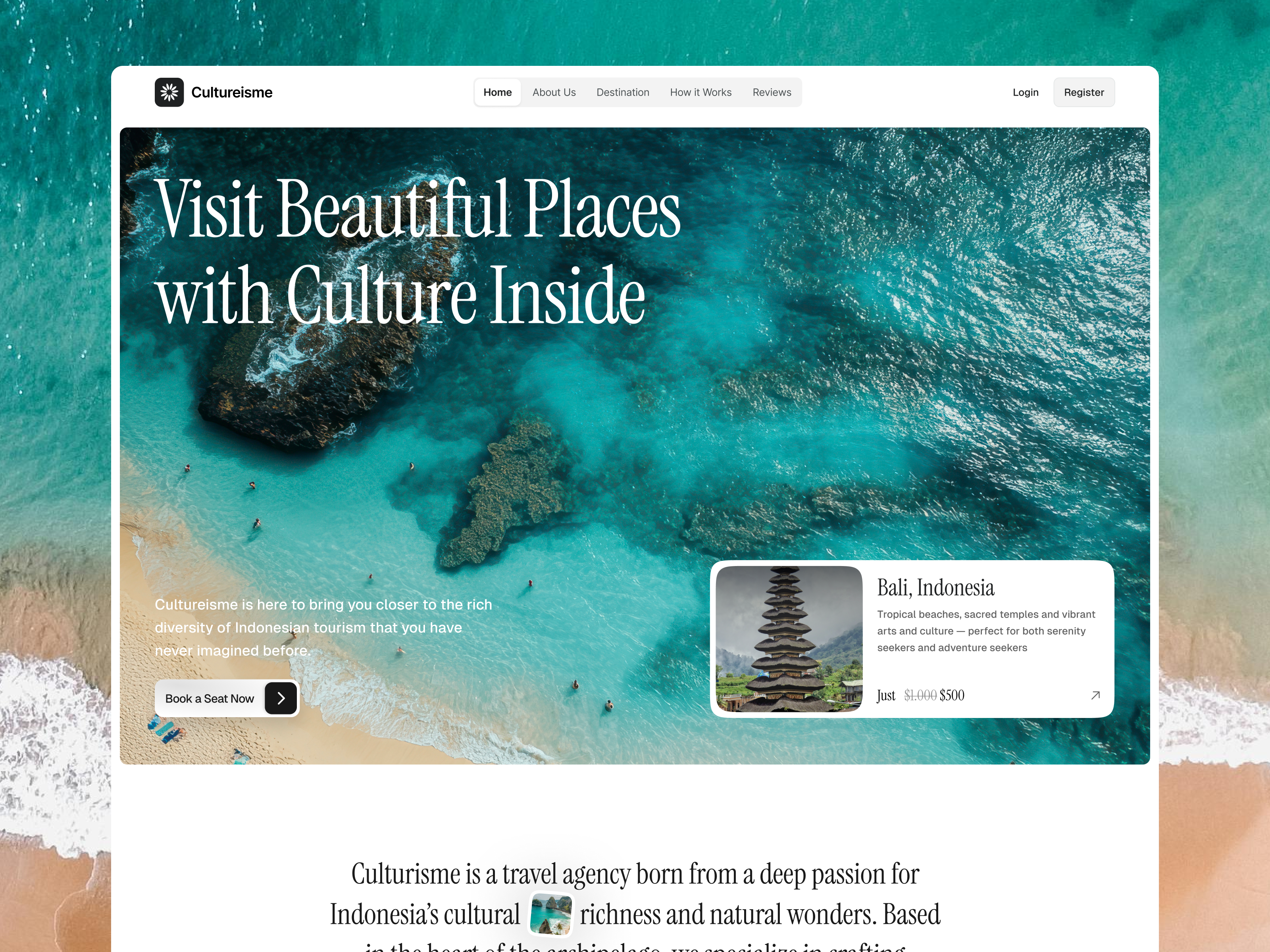 Culturisme - Travel Agency Landing Page 10am 10am space animation bali clean design design graphic design landing page design smooth animation travel travel agency travel agency landing page travel agency website design ui ui ux design web design website design