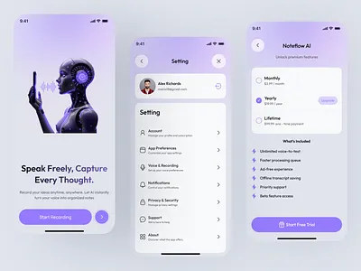 Instant AI Transcription Voice App UI/UX Design aiapp aidesign app design appdesign branding cleaninterface minimaldesign mobile app mobile app design mobileui productivityapp realtimetranscription smartassistant transcriptionapp ui ux voiceassistant voicetotext