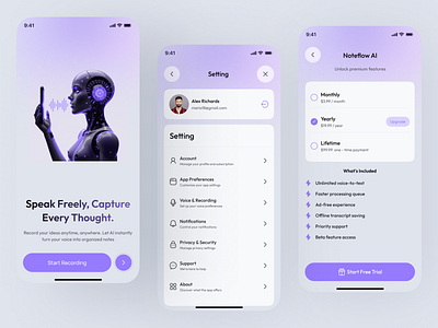 Instant AI Transcription Voice App UI/UX Design aiapp aidesign app design appdesign branding cleaninterface minimaldesign mobile app mobile app design mobileui productivityapp realtimetranscription smartassistant transcriptionapp ui ux voiceassistant voicetotext