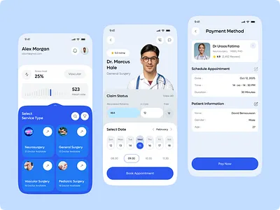 Orionix – AI Medical Surgery App ai app book appointment booking calendar doctor general surgery health tech healthcare heart rate medical patient information payment method progress schedule appointment select date service surgeries surgery app telemedicine ui design