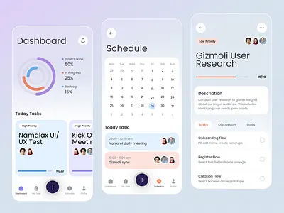 Project Management – Mobile App UI blur calendar clean crm design details glassmorphism gradient graphic design meeting product saas schedule stats task to do typography ui ux whitespace