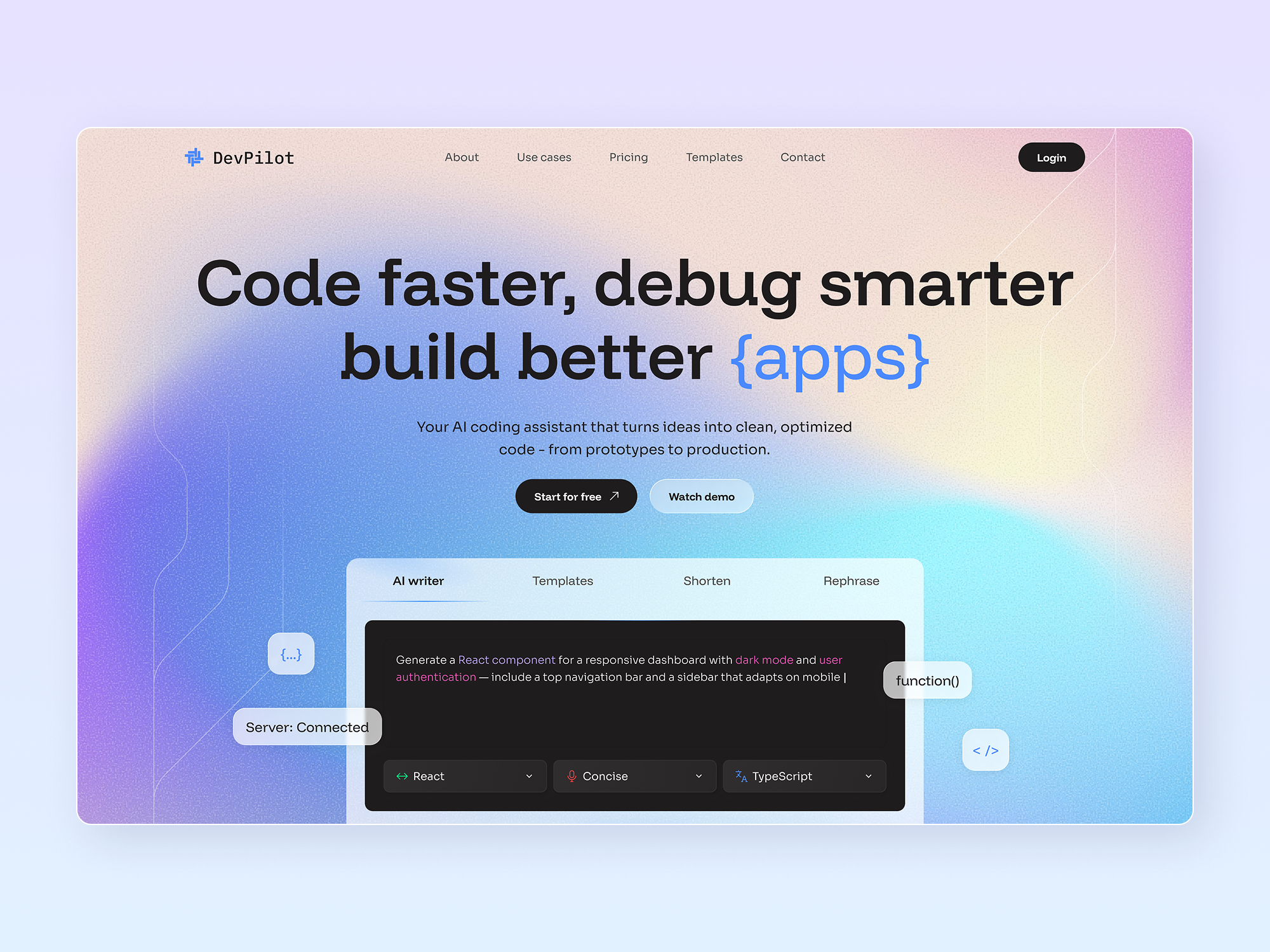 DevPilot home page design home landing layo page product saas studio ui ux website