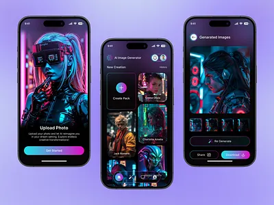 AI Portrait Generator β Cyberpunk Reimagination App UI/UX Design aiappdesign aidesign appconcept creativetool cyberpunkui darkmodeui futuristicapp mobileappui neondesign portraitgenerator uidesigninspiration uxdesign