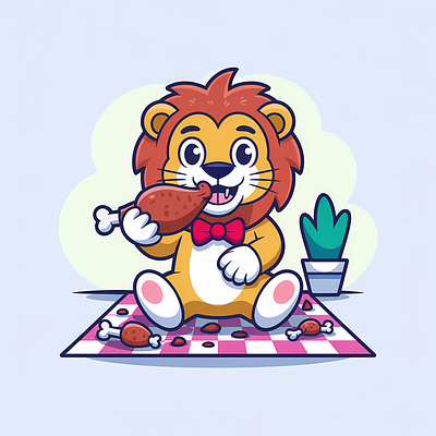 Cute lion cartoon characters animal cartoon character cheerful chicken children cute food fried funny happy illustration kids lion mascot picnic vector