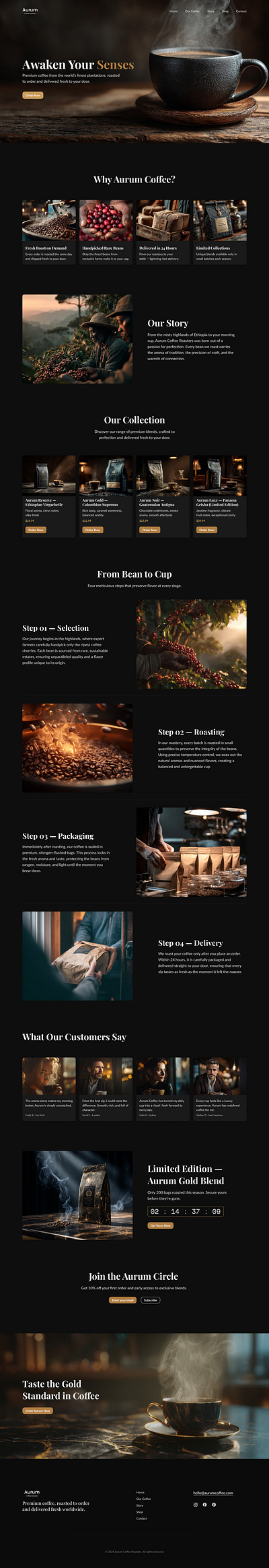 Aurum Coffee – Premium Coffee Brand Website branding coffee darktheme design figma interior landingpage uiux webdesign