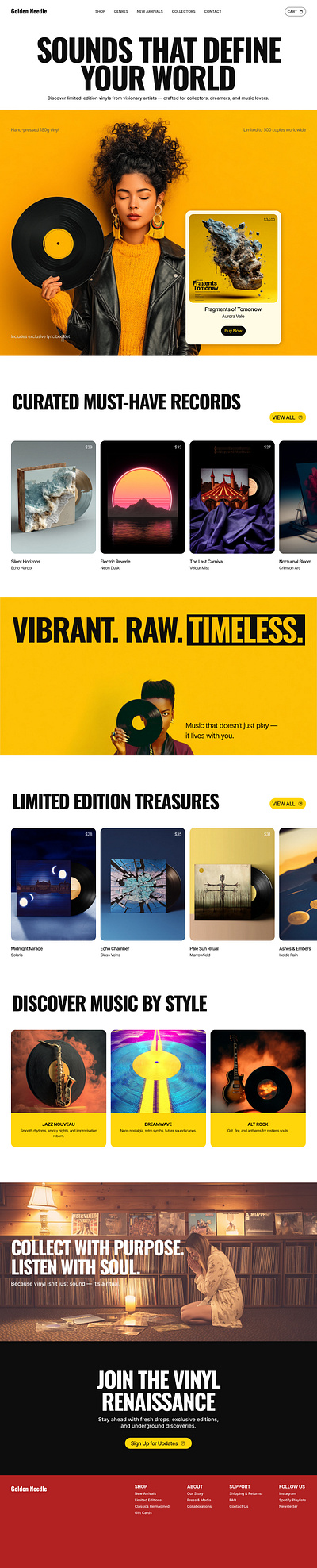Golden Needle – Vinyl Record Store Website ecommerce figma landingpage music uiux vinyl webdesign yellow