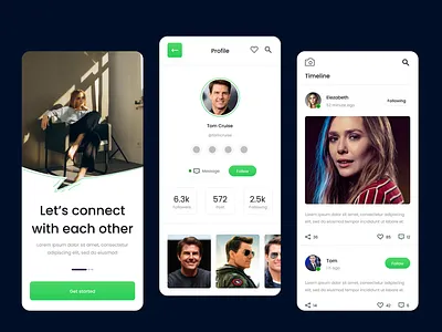 Connectly 💬 — Where conversations begin. chat app ui clean layout connection app follow screens followers screens graphic design green theme minimal ui modern ui new theme profile ui screens social app social media app social network timeline design ui user experience user profile ux
