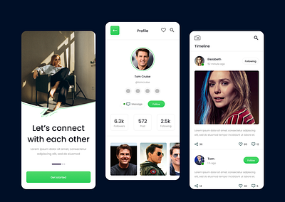 Connectly 💬 — Where conversations begin. chat app ui clean layout connection app follow screens followers screens graphic design green theme minimal ui modern ui new theme profile ui screens social app social media app social network timeline design ui user experience user profile ux