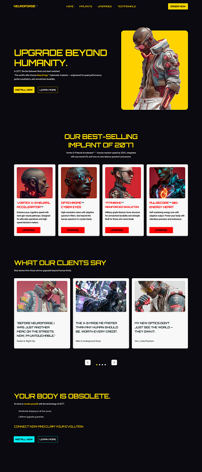 NeuroForge – Cyberpunk Implant Store Website concept cyberpunk darktheme figma futuristic landingpage uiux webdesign
