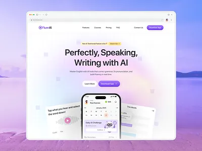 Fluen AI - Language Learning App Landing Page ai assistant bento e learning app education education platform edutech header design landing page language language learning learning learning management system lms mobile app speaking student uiux web web ui website