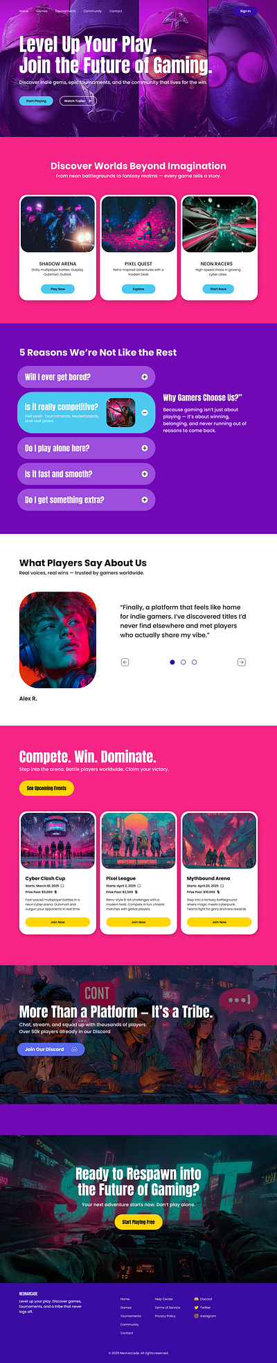 NextVortex – Gaming Platform Landing Page cyberpunk esports figma gaming landingpage neon uiux webdesign