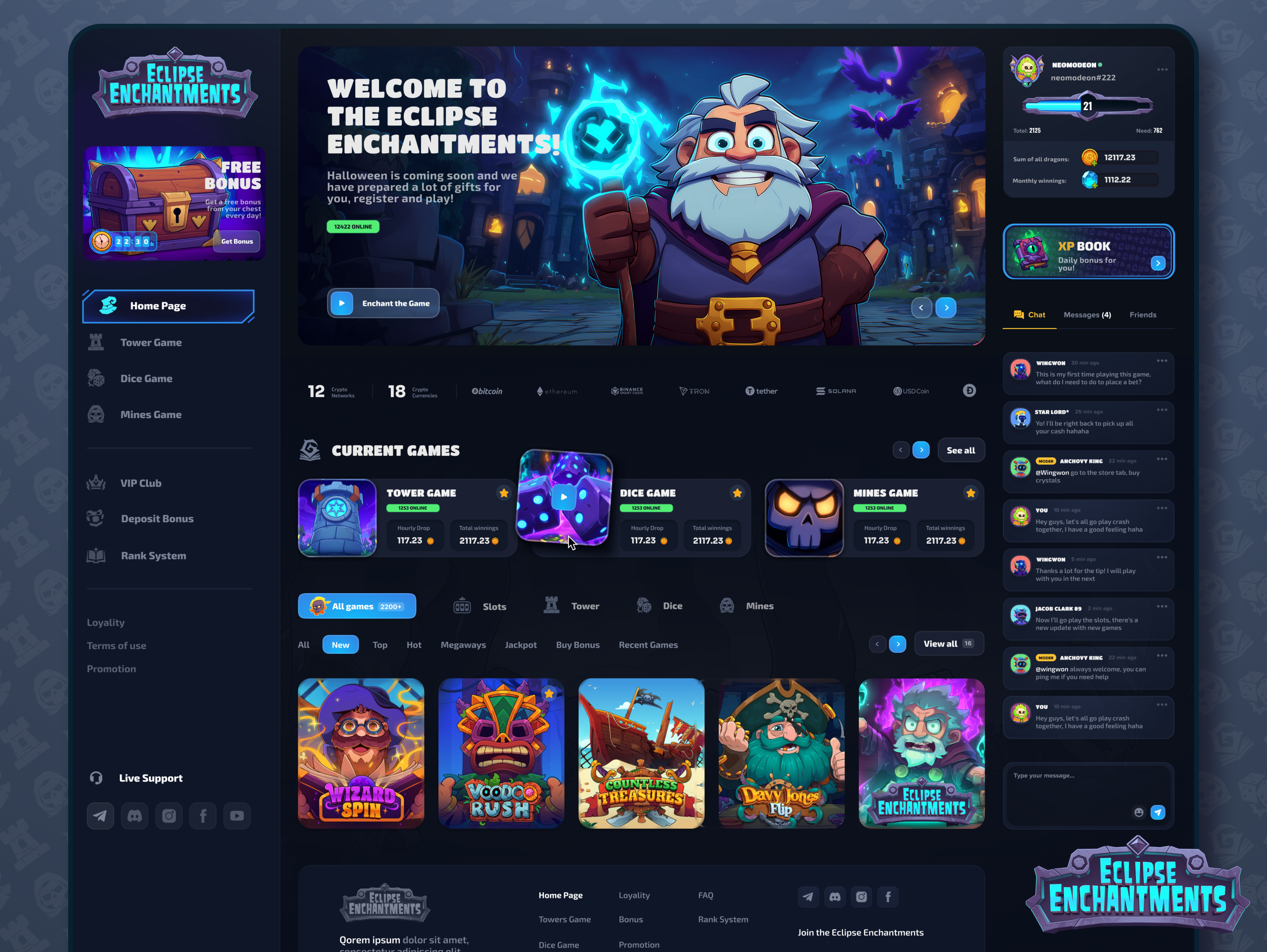 Eclipse Enchantments: Home Page | Casino Hub betting cartoon style casino casino game casino online dark interface dice fantasy gambling game interface halloween home page igaming landing mines slot game slots tower uiux web design