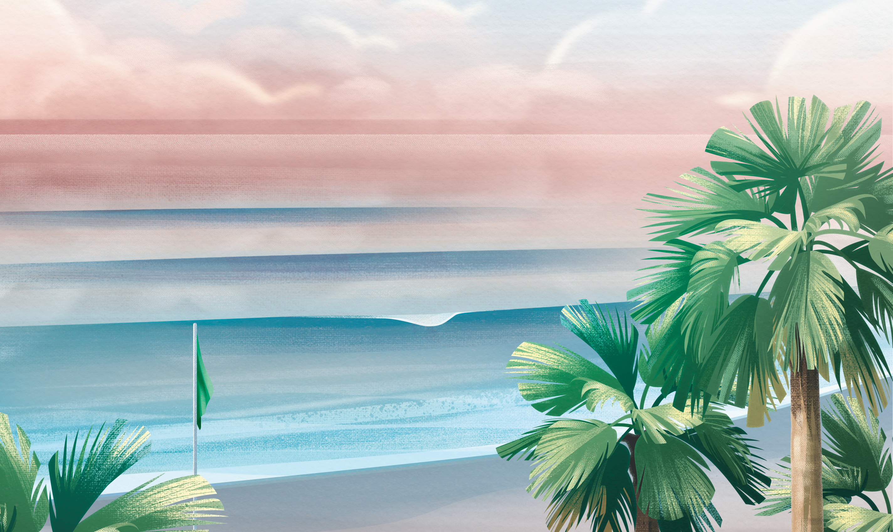 Glassy ocean beach california clouds colorful illustration landscape nature ocean palm tree sea sky surfing texture wave