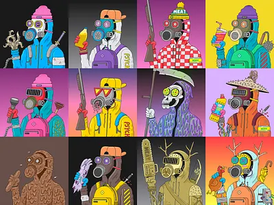 Meatbags NFT 2d art apocalypse cartoon cartoon art cartoons character design digital art doomsday preppers drawing generative art illustration low brow art nft nft art nfts preppers solana solana blockchain vector art web3