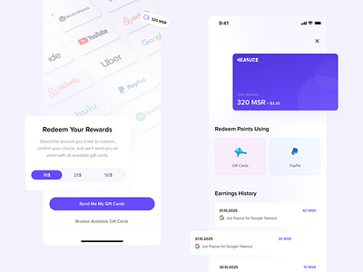 Wallet & Redeem Points UIs designed for Measure Protocol app design design earning history earnings gift cards redeem points rewards ui ui design ux ux design wallet
