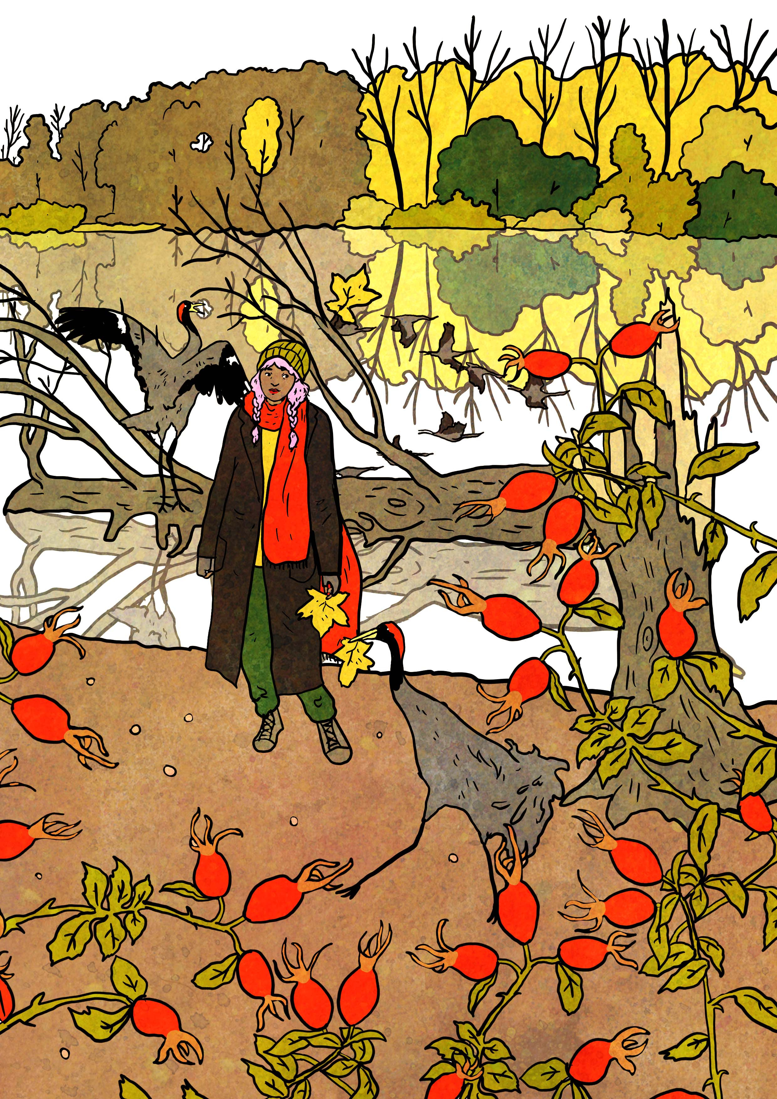 Example of autumn lake with cranes