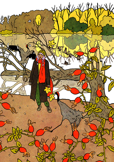 autumn lake with cranes editorial illustration illustration nature