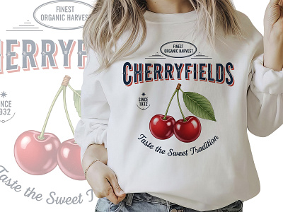 Cherryfields – Finest Organic Harvest T‑Shirt Design cherry classic clothing design fashion fruit illustration label nature organic retro tshirt typography vector vintage