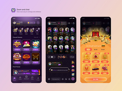 zoom & chat social voice room and game app ui modern dark them chatapp chatgame funinterface gameapp mobileappdesign socialapp socialinteraction uiuxdesign uxdesign zoomapp