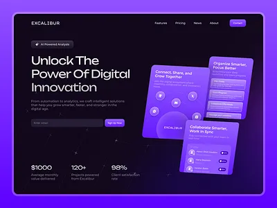 Excalibur - Saas Website Design ai analytics ai data analysis ai platform ai startup ai technology ai website design dark mode futuristic design landing page design marketing website modern web design saas landing page saas website design startup website tech website ux design web app ui web design web design inspiration