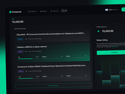 DeFi Governance Dashboard – Compound Voting Interface blockchain dashboard interface compound finance dashboard crypto voting system dashboard dao voting proposal system dark themed governance platform decentralized finance platform governance and analytics ui interactive voting system ui minimal dark web3 design product design vote manage proposals ui web design web3 governance web3 governance platform ui