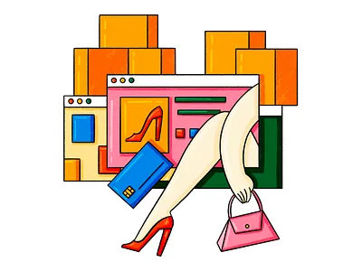 Online Shopping. 2d abstract bag cartoon design editorial illustration online shopping procreate shoes shopping woman women