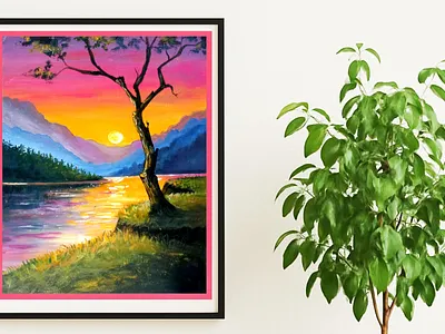 Original Sunset Landscape Painting – River Mountains, Tree, art art hand painted handmade landscape nature paint painting ukraine