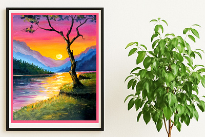 Original Sunset Landscape Painting – River Mountains, Tree, art art hand painted handmade landscape nature paint painting ukraine