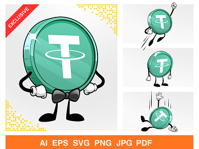 Tether Crypto Sticker Package bitcoin blockchain cartoon character coin crypto emoji fintech graphic design icon illustration logo mascot nft sign sticker tether vector