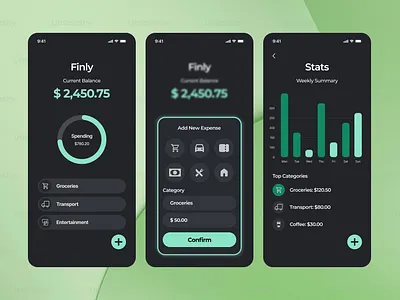 Finly: Dark Mode Budgeting App UI/UX budgeting app expense tracker finance app money management stats
